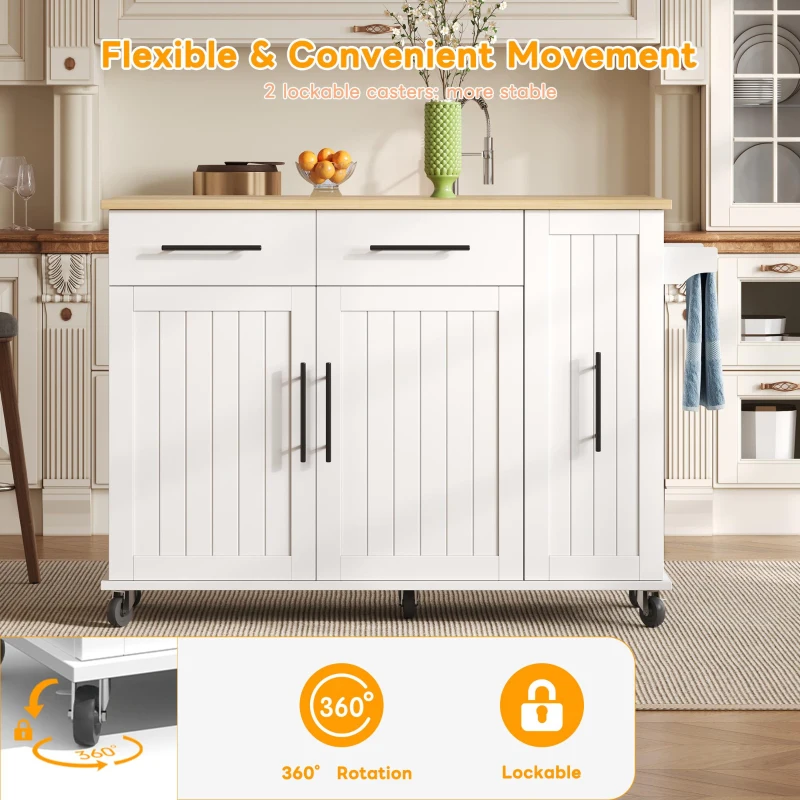 Sleek Kitchen Trolley with Drop Leaf and Pull-Out Organiser, Mobile Kitchen Island with Lockable Castors, 120L x 40W x 90H cm, White+Natural