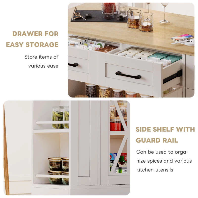 Mobile Kitchen Island with Foldable Tabletop and Sockets, Storage Buffet with Adjustable Shelves, 120L x 65W x 92H cm, White+Natural