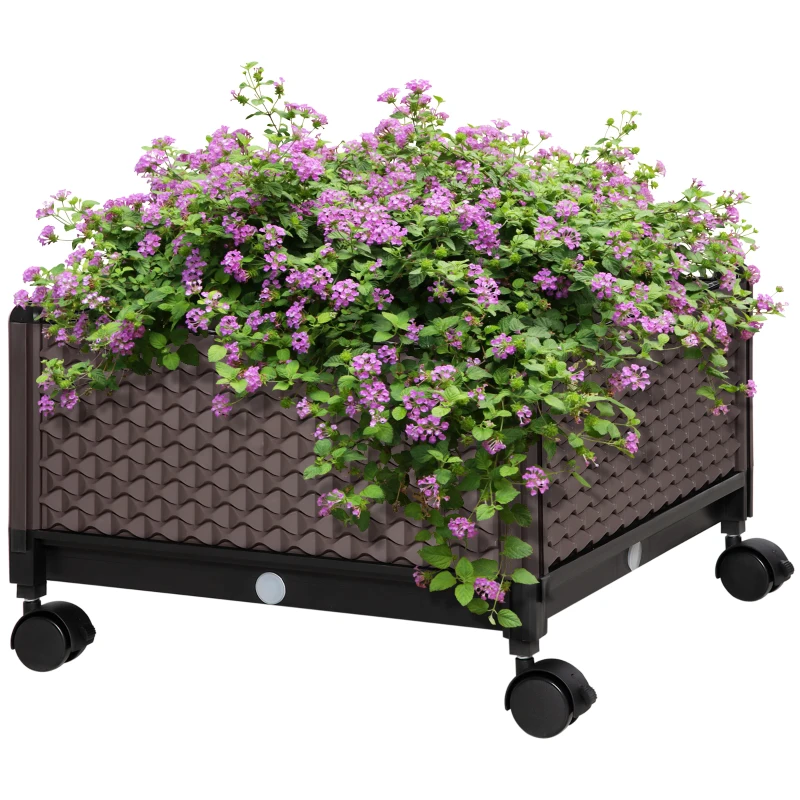 Outsunny Jardinieră din plastic cu roți și orificii de drenaj pentru cultivarea plantelor în exterior 50x50x33 cm Marrón