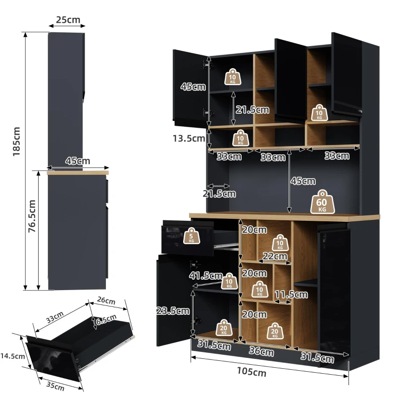Stylish Kitchen Cabinet with 3 Smooth-Sliding Drawers, Versatile Sideboard with Adjustable Shelves, 105L x 45W x 185H cm, Black+Natural