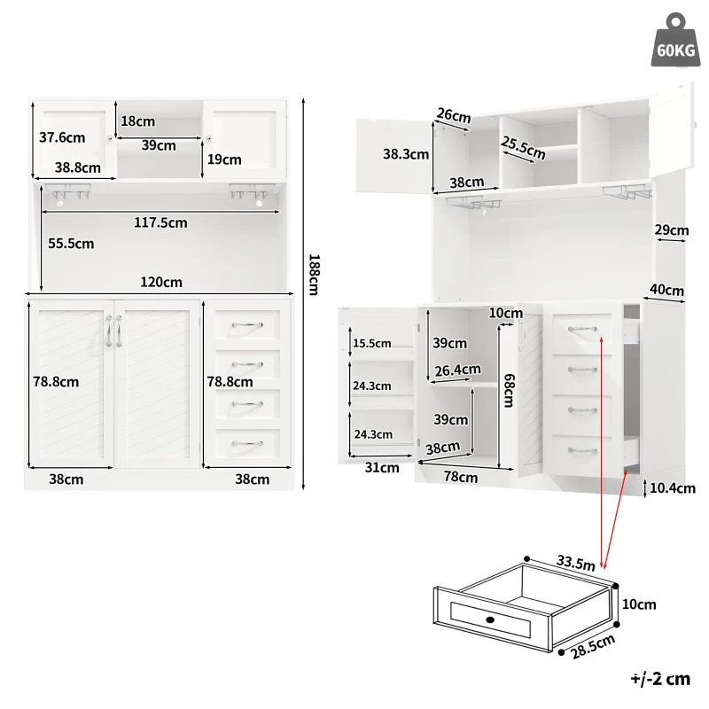 Trendy Sideboard with App-Controlled LED, Snack Rack and Drink Holders, Spacious Buffet with Anti-Tip Fixings, 120L x 40W x 188H cm, White