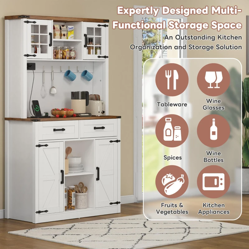 Tall Kitchen Pantry with Drawers and Remote-Controlled LEDs, Stylish Bar Cabinet with Adjustable Shelves, 100L x 40W x 172H cm, Brown+White