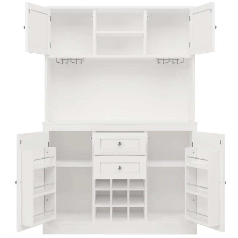 Tall Kitchen Cabinet with Wine Rack and Adjustable Shelves, Spacious Kitchen Cupboard with Doors and Drawers, 120L x 40W x 188H cm, White