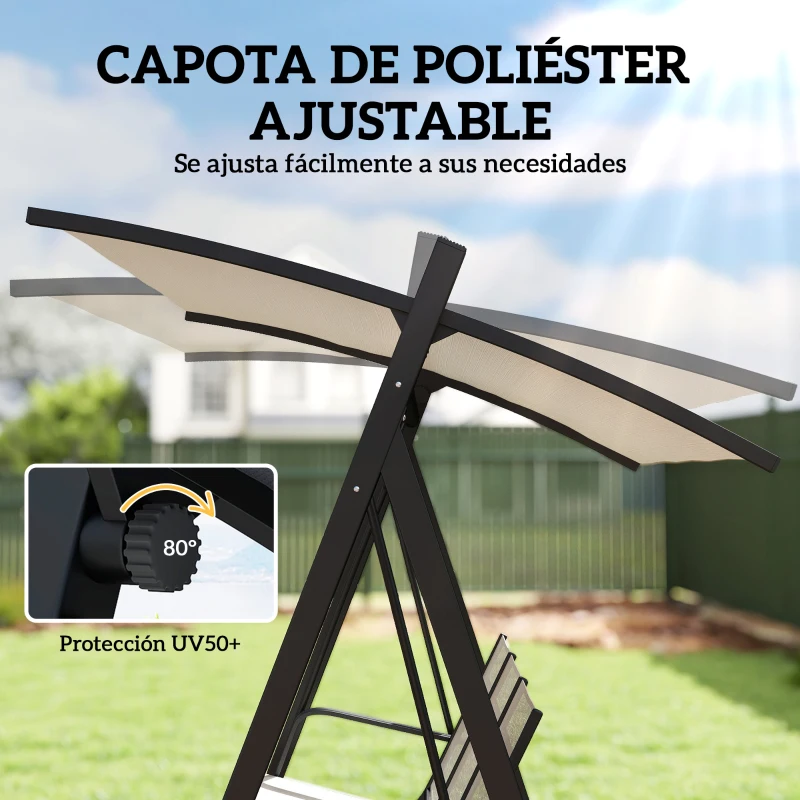 Outsunny Columpio de Jardín de 3 Plazas con Techo Ajustable UPF50+ Asiento Transpirable Carga 360 kg 188x130x183 cm Crema