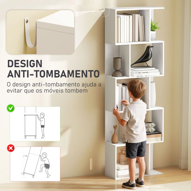 HOMCOM Estante de 5 Níveis em Forma de S com 10 Prateleiras para Quarto Escritório Sala 60x24x184,5 cm Branco