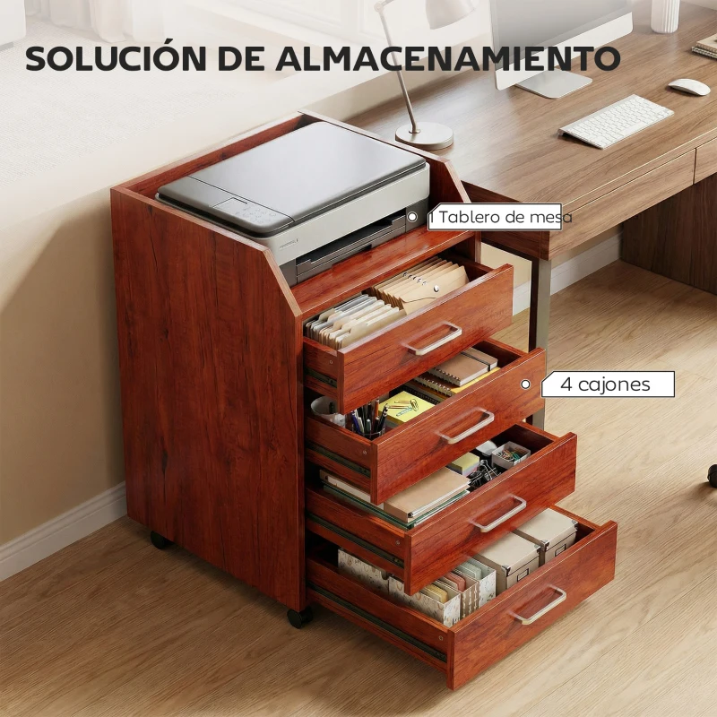 Vinsetto Cajonera de Escritorio con Ruedas Cajonera de Oficina con 4 Cajones Archivador Móvil para Estudio 40x36x65 cm Marrón