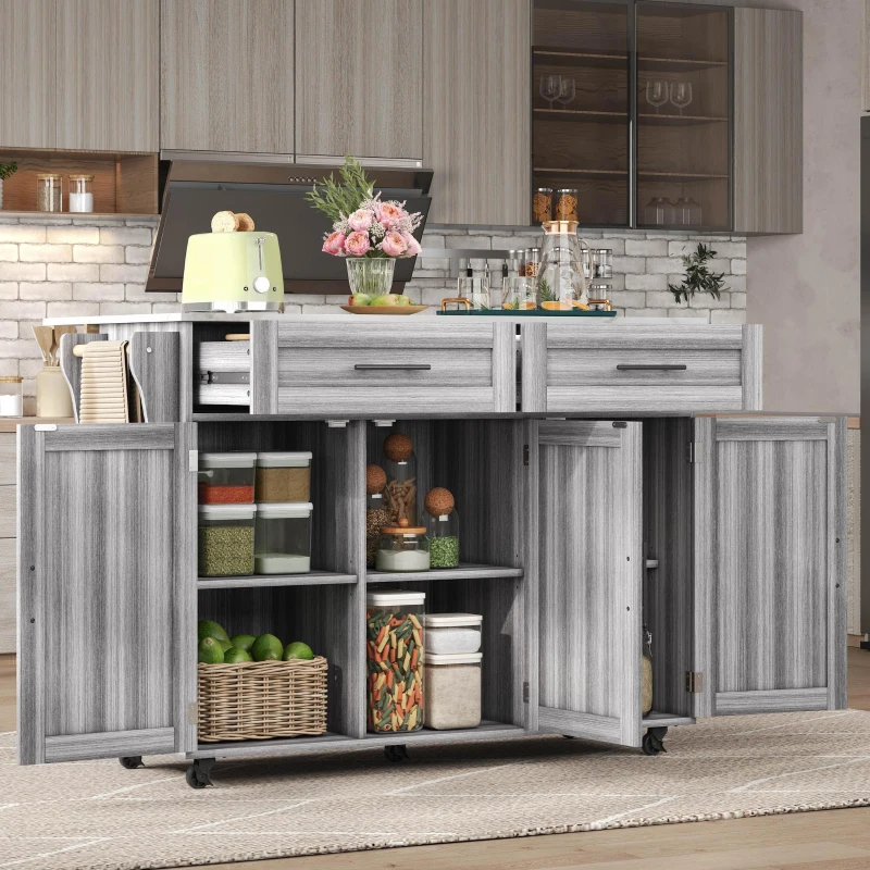 Sleek Kitchen Trolley with 2 Drawers and Foldable Tabletop, Mobile Kitchen Island with Wood Veneer, 129L x 46W x 91.5H cm, Grey+White