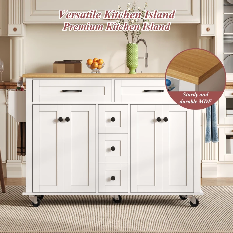 Versatile Kitchen Trolley with Extendable Worktop and 5 Drawers, Sturdy Buffet with Lockable Castors, 140L x 65W x 89H cm, White+Natural