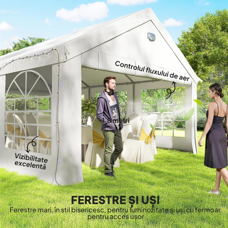 Outsunny Cort pentru Petreceri 4x6 m cu Ferestre și 4 Pereți Laterali Demontabili, din Oțel și PE, Alb