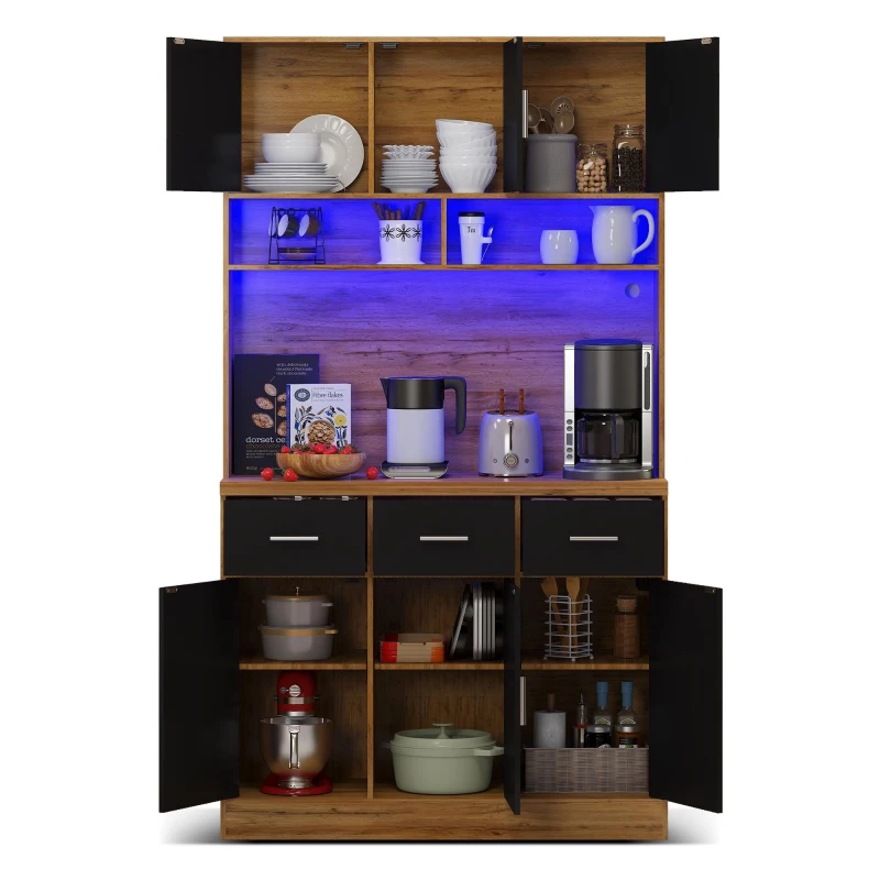 Stylish Tall Pantry Cabinet with App-Controlled LED, Spacious Larder Unit with Water-Resistant Worktop, 100L x 40W x 180H cm, Natural+Black