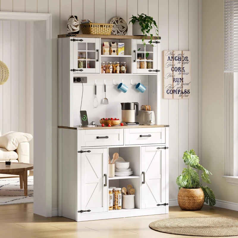 Tall Kitchen Pantry with Drawers and Remote-Controlled LEDs, Stylish Bar Cabinet with Adjustable Shelves, 100L x 40W x 172H cm, Brown+White