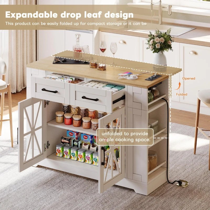 Mobile Kitchen Island with Foldable Tabletop and Sockets, Storage Buffet with Adjustable Shelves, 120L x 65W x 92H cm, White+Natural
