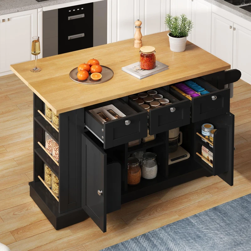 Versatile Kitchen Island with 3 Drawers and 2‑Door Cupboards, Practical Trolley with Extendable Worktop, 132L x 70W x 87H cm, Natural+Black