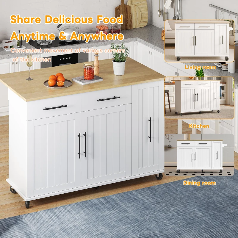 Sleek Kitchen Trolley with Drop Leaf and Pull-Out Organiser, Mobile Kitchen Island with Lockable Castors, 120L x 40W x 90H cm, White+Natural