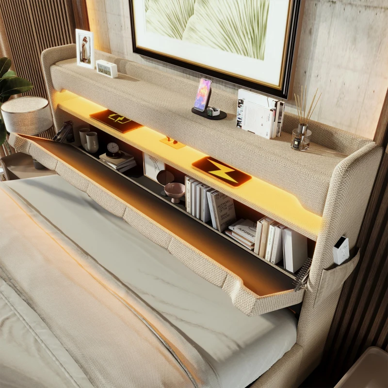 Upholstered Storage Bed with Integrated LED Lighting and USB Ports, Hydraulic Bed with Metal Slatted Frame, 225L x 156W x 111H cm, Beige