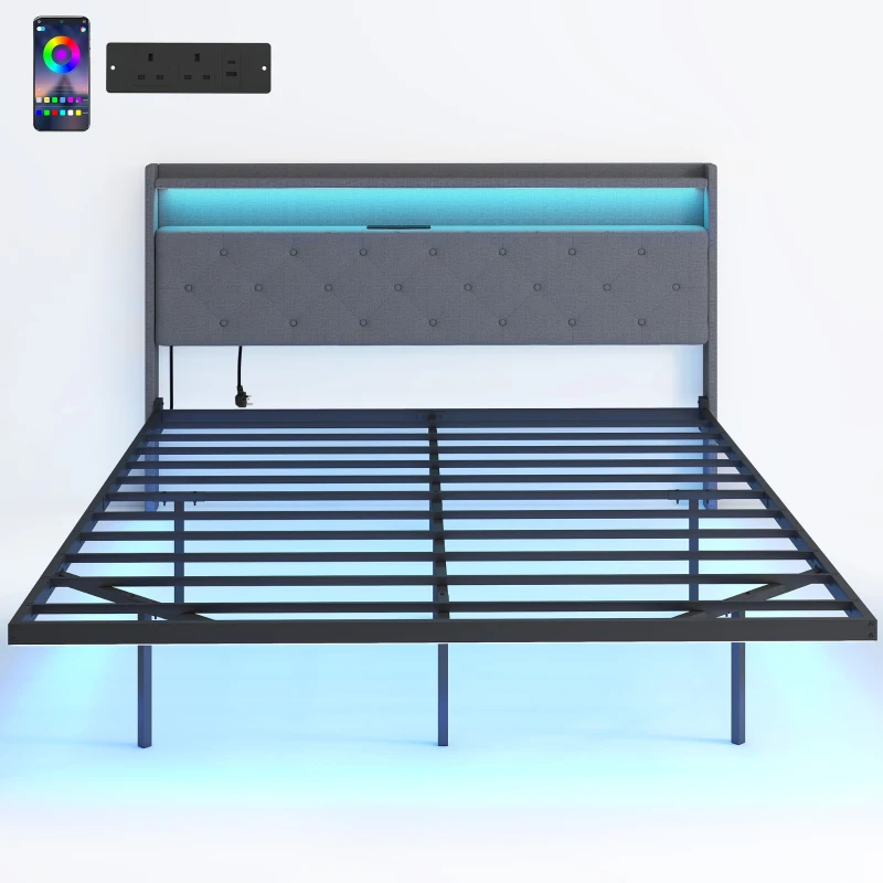 HOMCOM Cadre de lit 160 x 200 cm avec sommier acier, lit 2 personnes flottant avec lumières LED RGB et station de charge, gris