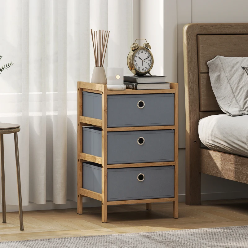 HOMCOM Chest of Drawers, 3 Fabric Drawers Narrow Dresser with Bamboo Frame, Light Grey