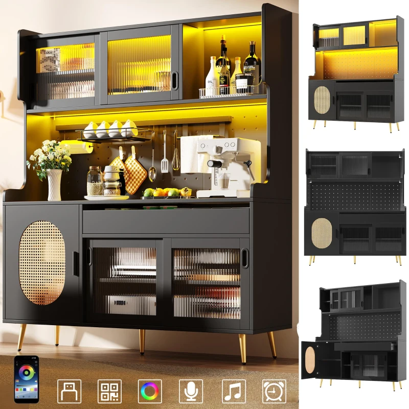 Country-Style Sideboard with Fluted Glass Doors and App-Controlled LED Strip, Storage Buffet with Pegboard Back, 145L x 39W x 171H cm, Black