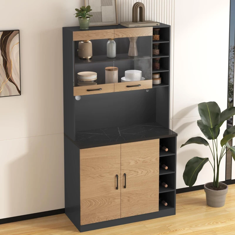 Tall Kitchen Cupboard with LED Lighting, Generous Storage, Freestanding Pantry with Microwave Shelf, 100L x 47W x 187H cm, Natural+Grey