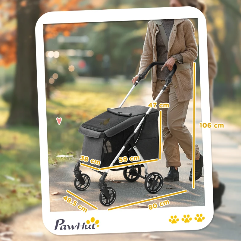 PawHut Passeggino per cani, carrello leggero e pieghevole con cuscino lavabile, finestre a rete, Grigio