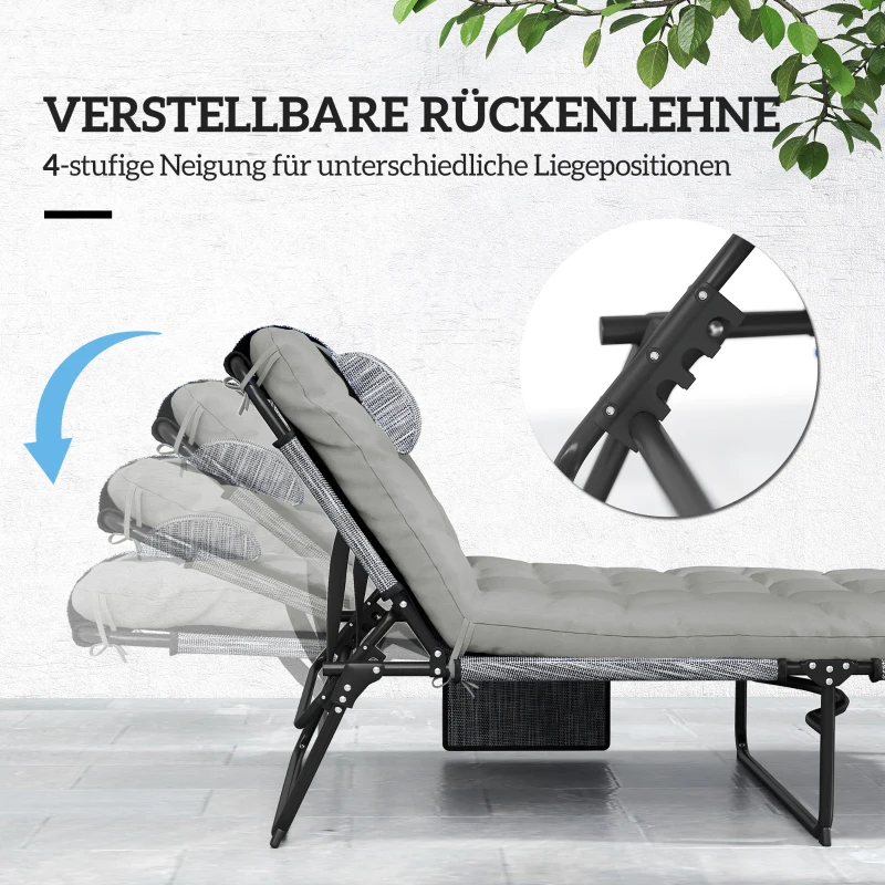 Outsunny Ligbed, 4-voudig verstelbare rugleuning, kussen, zijvak, hoofdsteun, 68 x 189 x 30 cm, Grijs