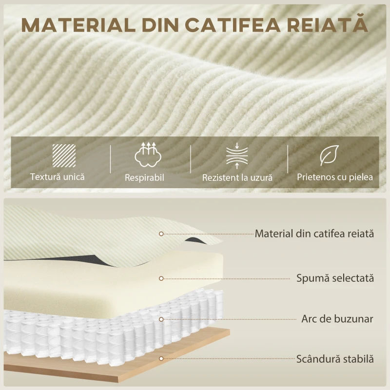 Canapea HOMCOM catifea crem, 3 locuri