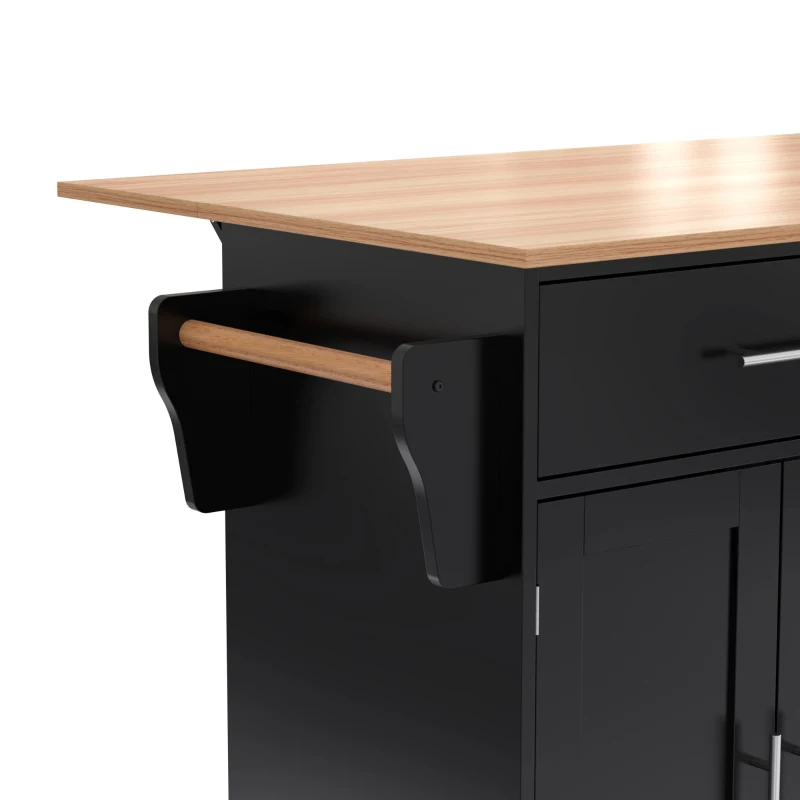 Contemporary Kitchen Storage Trolley with Foldable Dropleaf, Spacious Buffet with Towel Holders, 120L x 71W x 91.5H cm, Black+Natural