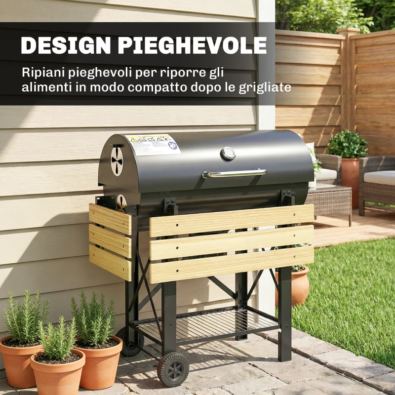 Outsunny Barbecue a Carbone con Griglia Regolabile, Ripiani Pieghevoli, Termometro e Ruote. Nero