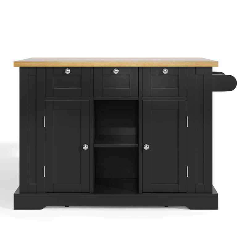 Versatile Kitchen Island with 3 Drawers and 2‑Door Cupboards, Practical Trolley with Extendable Worktop, 132L x 70W x 87H cm, Natural+Black