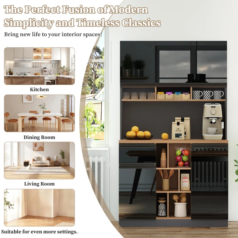 Stylish Kitchen Cabinet with 3 Smooth-Sliding Drawers, Versatile Sideboard with Adjustable Shelves, 105L x 45W x 185H cm, Black+Natural