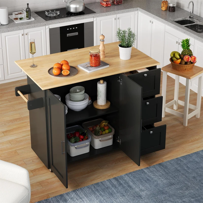 Versatile Kitchen Island with 3 Drawers and 2-Door Cabinet, Space-Saving Rolling Trolley with Foldable Worktop, 135L x 70W x 90H cm, Black