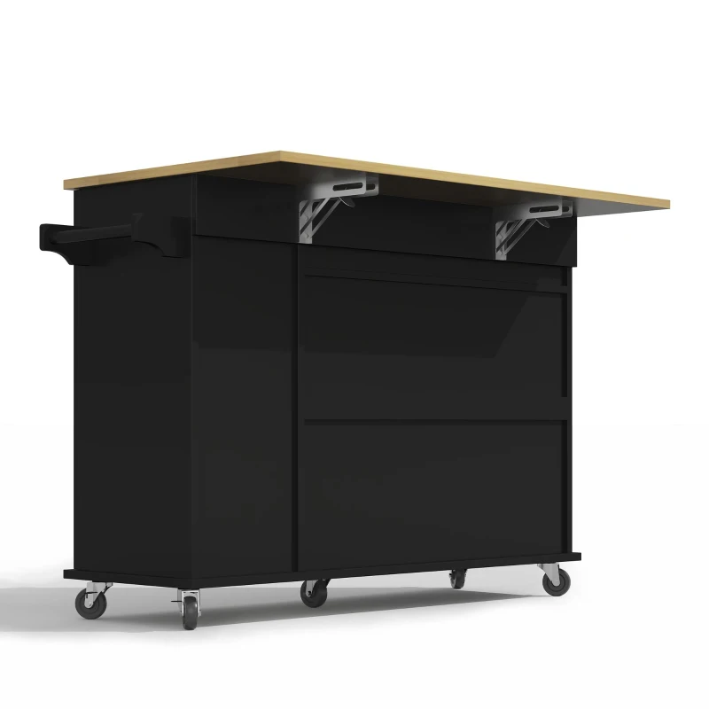 Sleek Kitchen Trolley with Drop Leaf and Pull-Out Organiser, Mobile Kitchen Island with Lockable Castors, 120L x 40W x 90H cm, Black+Natural
