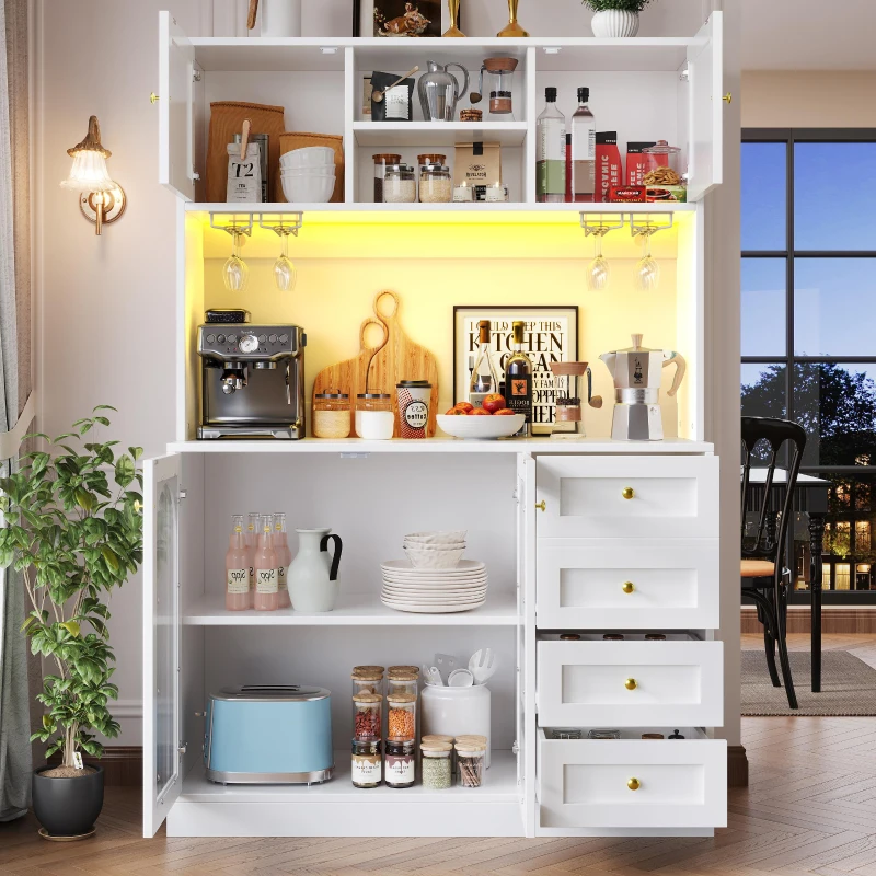 Modern Sideboard with App-Controlled LED, Snack Rack and Drink Holders, Spacious Buffet with Anti-Tip Fixings, 120L x 40W x 188H cm, White