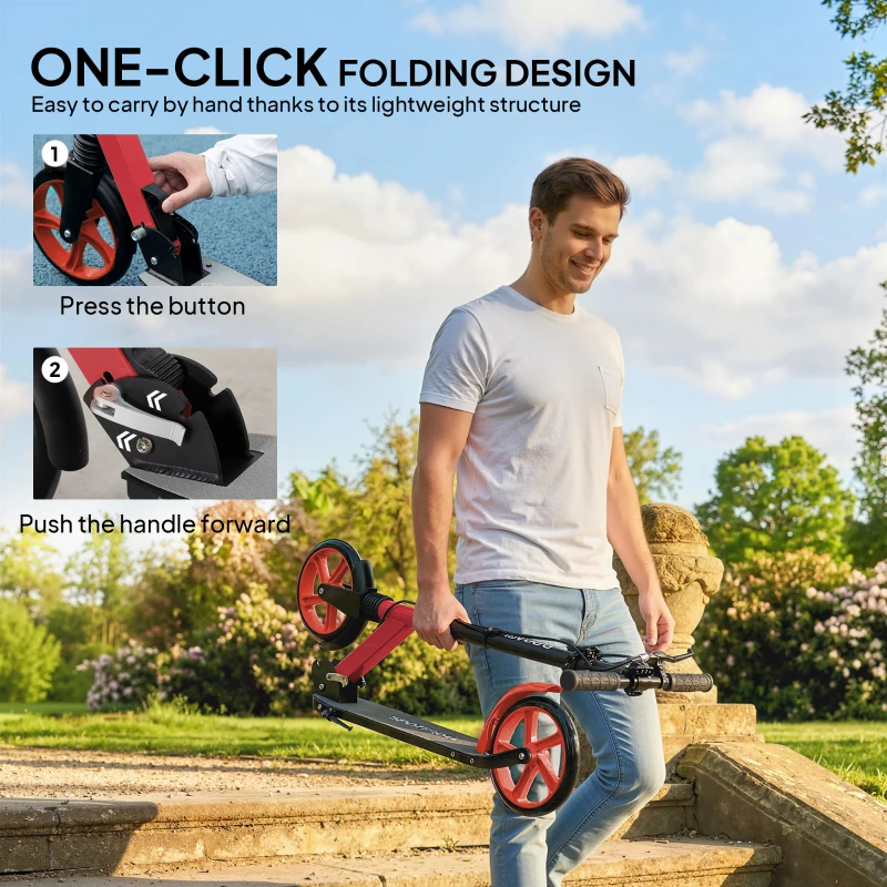 HOMCOM One-click Folding Kick Scooter for 14+ w/ Adjustable Handlebar, Push Scooter with Kickstand, Dual Brake System, Red