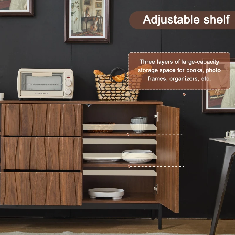 Mid-Century Modern Sideboard with Oak-Grain Slotted Design, Versatile Buffet with Adjustable Shelves, 150L x 40W x 80H cm, Natural