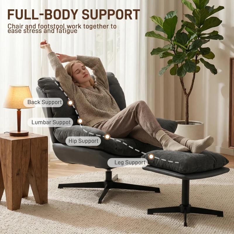 HOMCOM Accent Chair with Footstool, Swivel Lounge Chair with Chenille Upholstery, Metal Base, Dark Grey