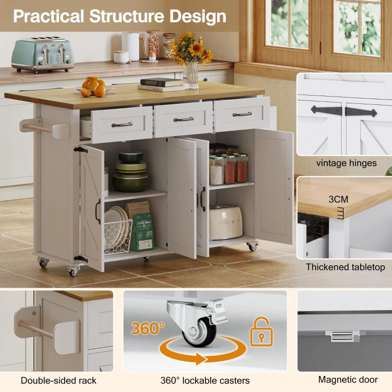 Mobile Kitchen Island with 5 Lockable Castors and Central Wheel, Practical Cart with Foldable Tabletop, 140L x 70W x 90.5H cm, White+Natural