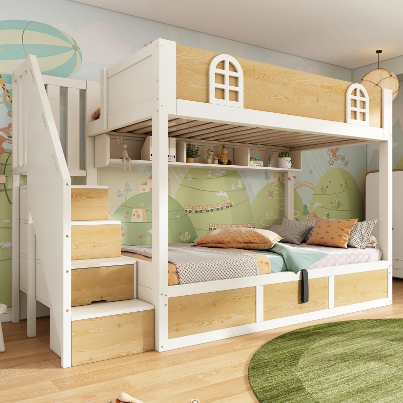 Cabin-Style Bunk Bed with Staircase Cabinet & Underbed Storage, Space-Saving Single Bed for Kids, 243L x 95W x 152H cm, Natural+White