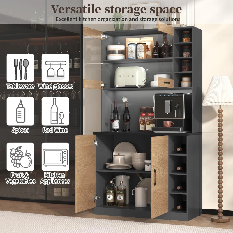 Tall Kitchen Cupboard with LED Lighting, Generous Storage, Freestanding Pantry with Microwave Shelf, 100L x 47W x 187H cm, Natural+Grey
