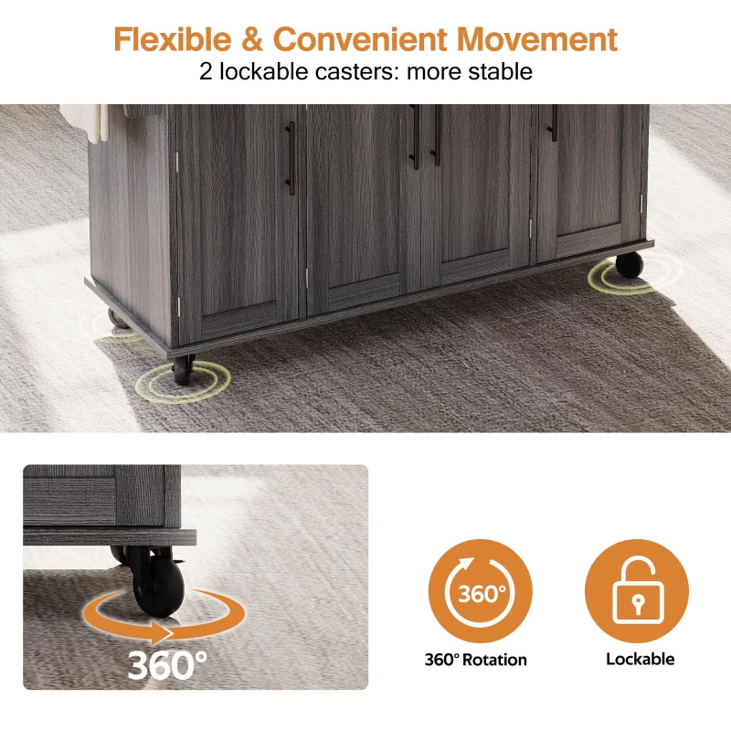 Versatile Kitchen Trolley with Fold-Out Worktop and Lockable Castors, Spacious Kitchen Island with Cabinets, 136L x 70W x 92H cm, Gray