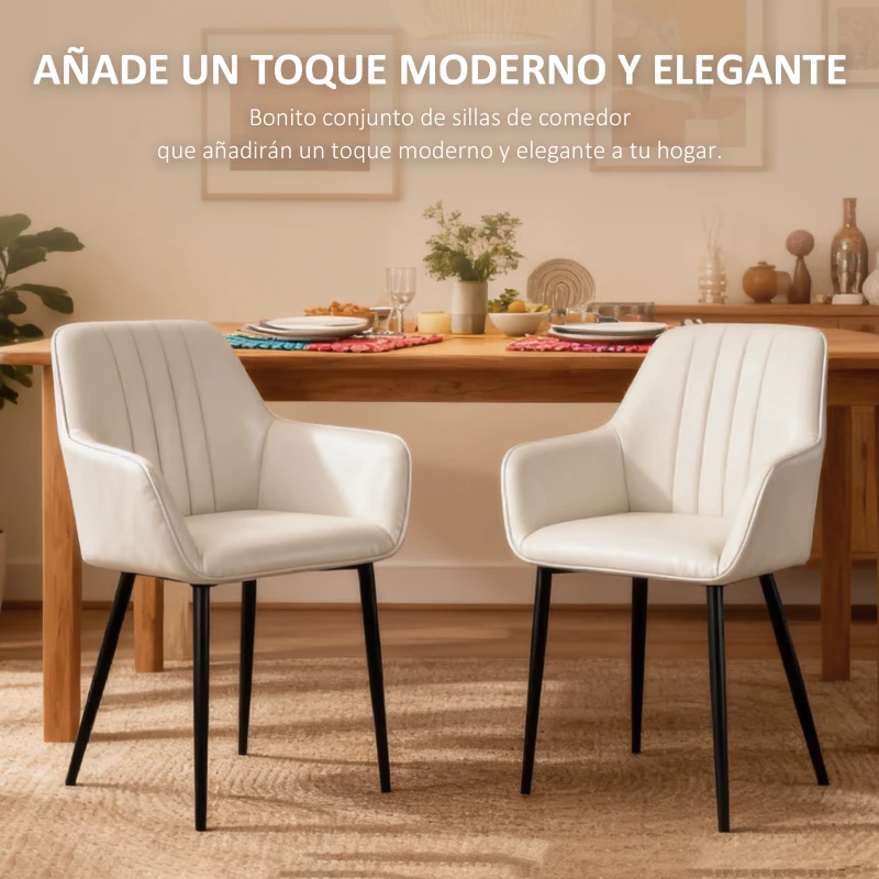 HOMCOM Pack de 2 Sillas de Cocina con Respaldo Reposabrazos y Patas de Metal para Salón 59,5x56,5x81 cm Beige
