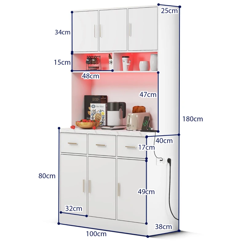 Stylish Tall Pantry Cabinet with App-Controlled LED, Spacious Larder Unit with Water-Resistant Worktop, 100L x 40W x 180H cm, White
