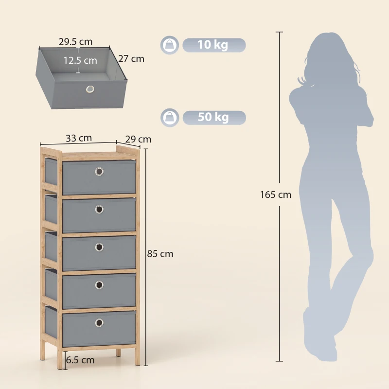 HOMCOM Chest of Drawers, 5 Fabric Drawers Narrow Dresser with Bamboo Frame, Light Grey
