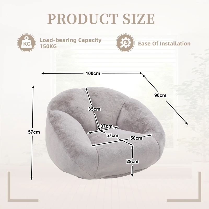 Shell-Shaped Sofa with High-Rebound Foam and Ergonomic Lumbar Support, Giant Sofa with Faux Fur, 100L x 90W x 57H cm, Light Gray