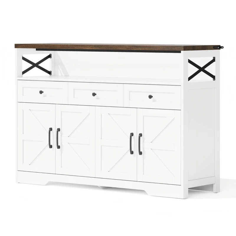 Versatile Sideboard with 2 Cupboards and Smooth‑Glide Drawers, Modern Coffee Bar for Living Room, 140L x 35W x 95H cm, Brown+White