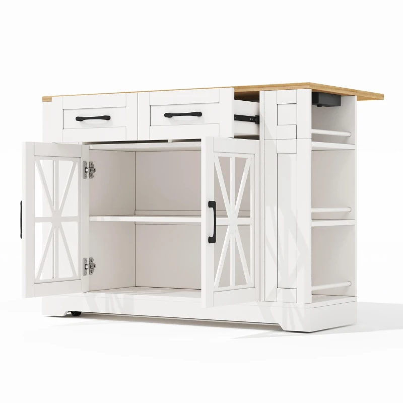 Mobile Kitchen Island with Foldable Tabletop and Sockets, Storage Buffet with Adjustable Shelves, 120L x 65W x 92H cm, White+Natural