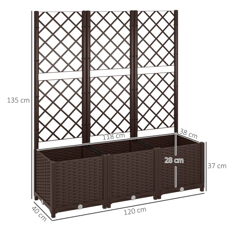 Outsunny Jardinieră cu spalier pat ridicat pentru grădină jardinieră exterioară cu 8 orificii de drenaj 120 x 40 x 135 cm maro