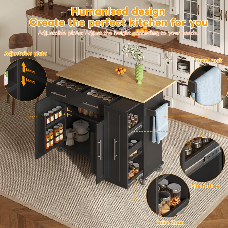 Sleek Kitchen Trolley with Drop Leaf and Pull-Out Organiser, Mobile Kitchen Island with Lockable Castors, 120L x 40W x 90H cm, Black+Natural