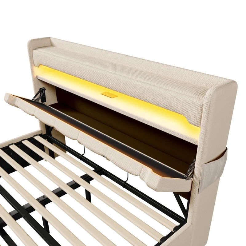 Upholstered Storage Bed with Integrated LED Lighting and USB Ports, Hydraulic Bed with Metal Slatted Frame, 225L x 156W x 111H cm, Beige