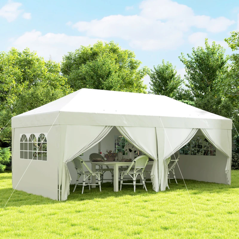 Outsunny Pavilion de grădină exterior pliabil 3 x 6 m cu 6 panouri laterale, sac de transport inclus, alb